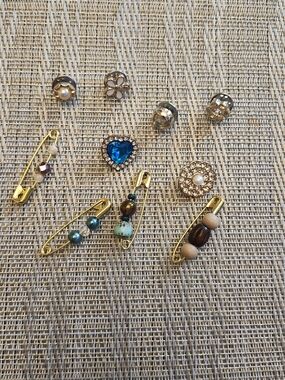 Hand Crafted Gold-Tone Brooch Set with Blue Heart and Turquoise Beads